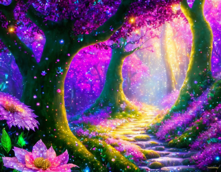 Enchanted forest with purple and pink hues and glowing flora