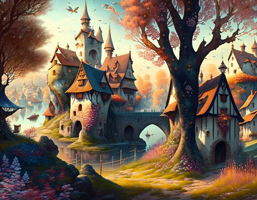 Fantasy landscape with castle, spires, blooming trees, river, and stone bridges