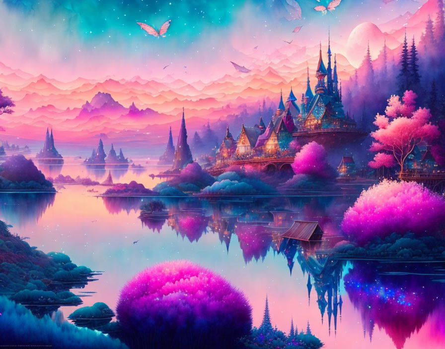 Vibrant purple and pink fantasy landscape with castle, trees, lake, butterflies