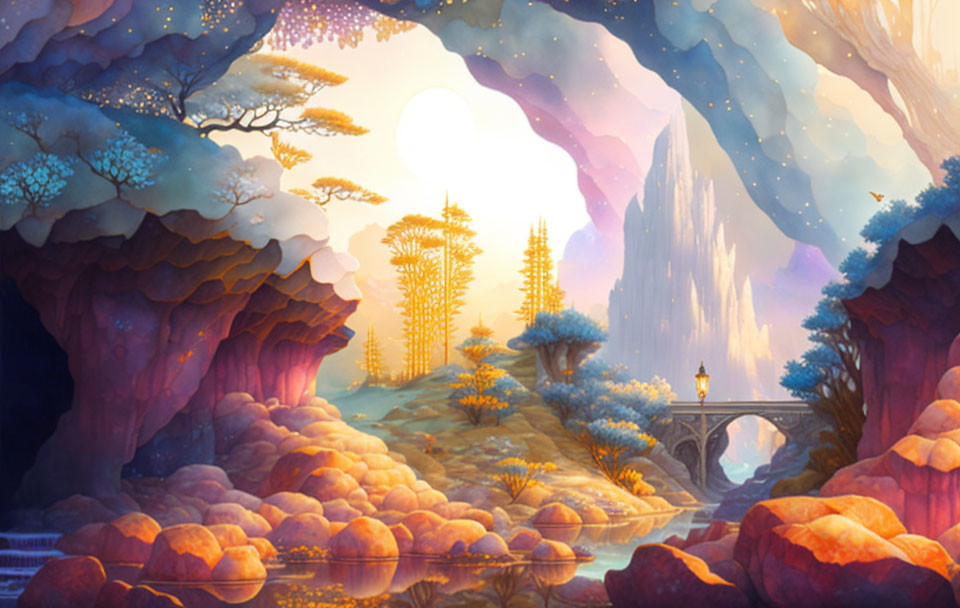 Ethereal fantasy landscape with bridge, sunset, blue foliage trees