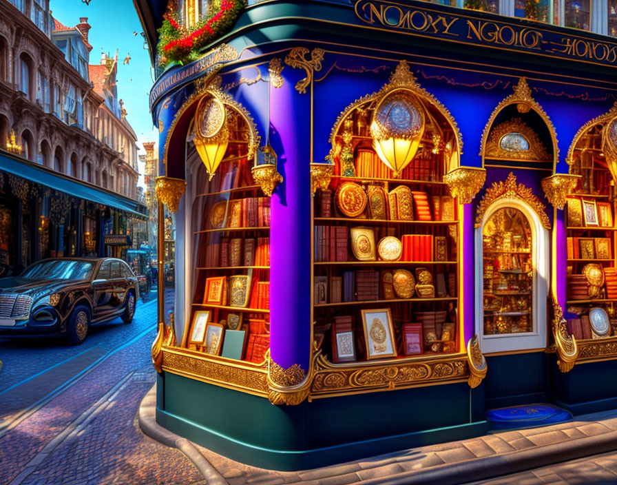 Luxurious Bookstore with Gold Trim, Purple Neon Lights, and Books Displayed in Window