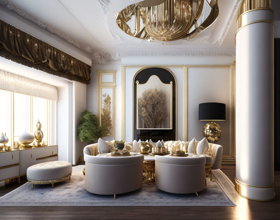 Luxurious White and Gold Living Room with Ornate Fireplace