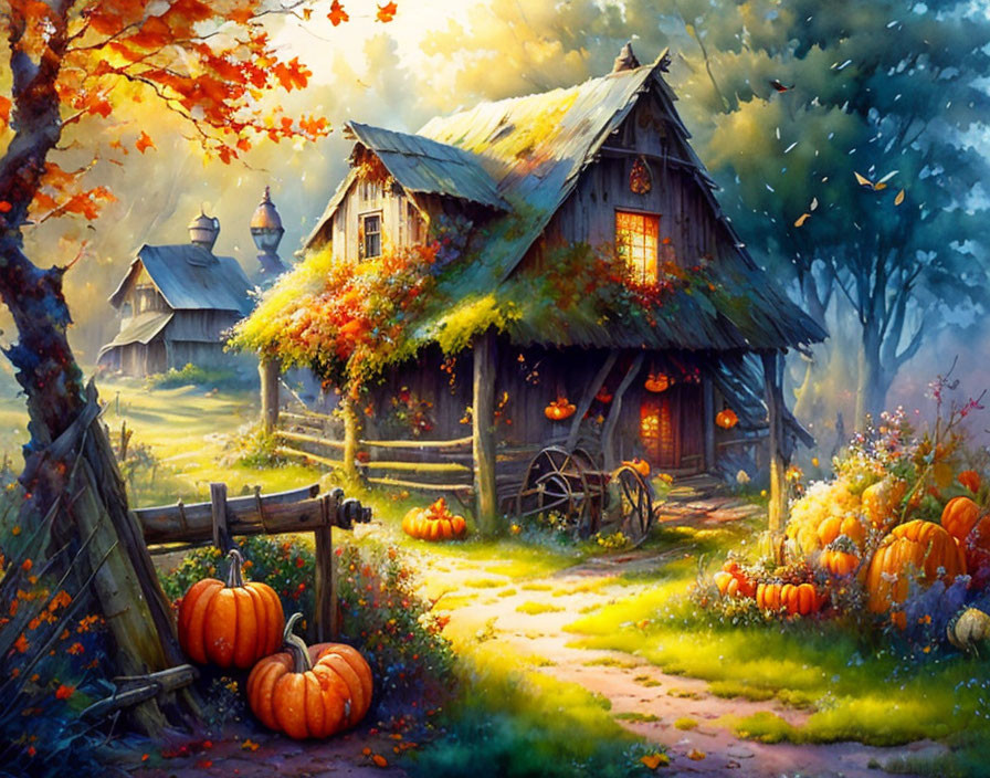 Cozy autumn cottage with pumpkins and misty surroundings