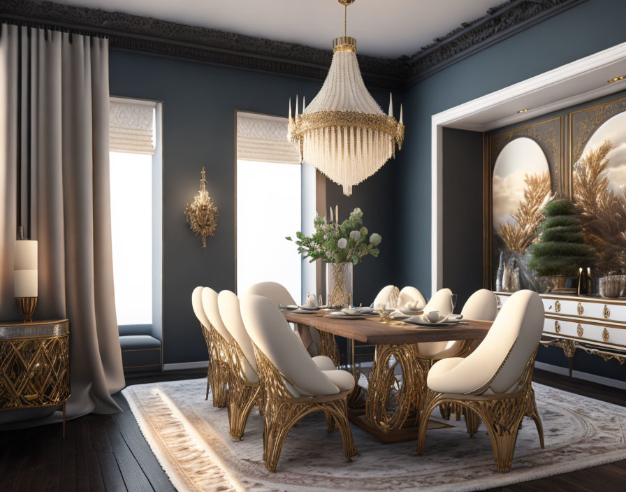 Sophisticated dining room with wooden table, cream chairs, chandelier, gold accents, and serene