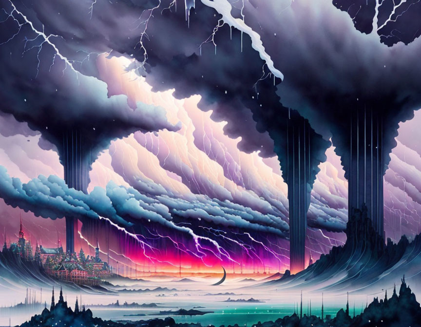 Surreal landscape with towering clouds, lightning, and city at dusk