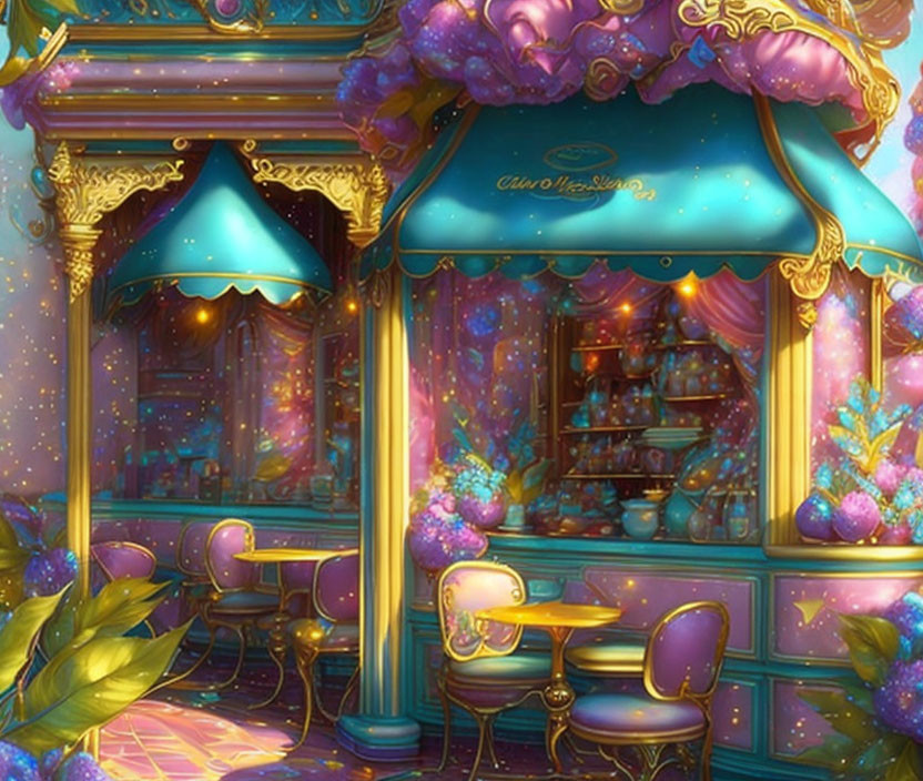 Cosmic-themed cafe corner with stars, galaxies, gold, purple hues, and floral decor.