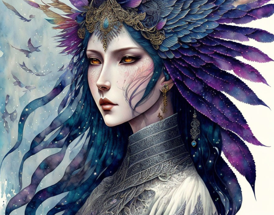 Ethereal illustration of woman with feathered headgear and mesmerizing gaze