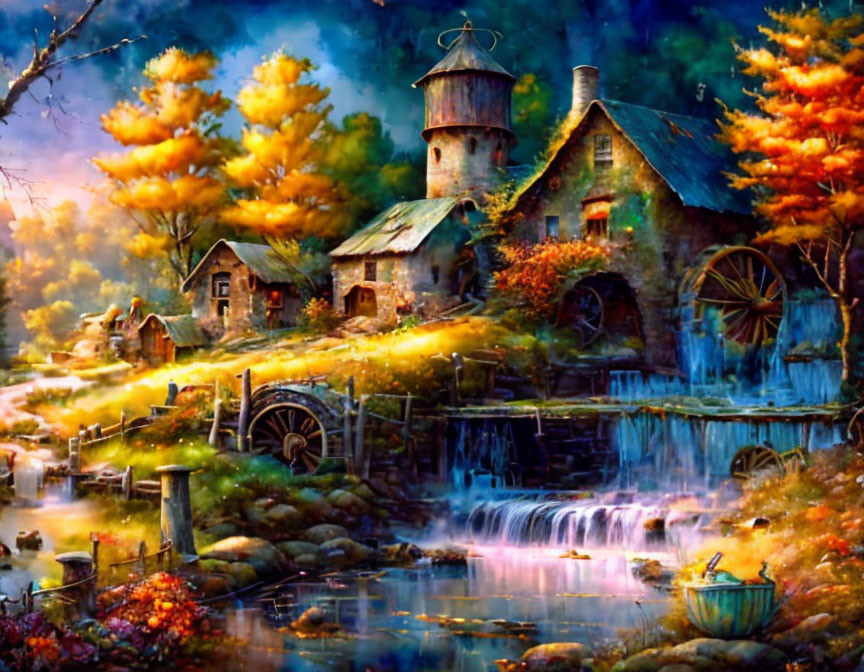 Watermill Scene with Waterfalls, Autumn Trees, Stone Cottages, Warm Light