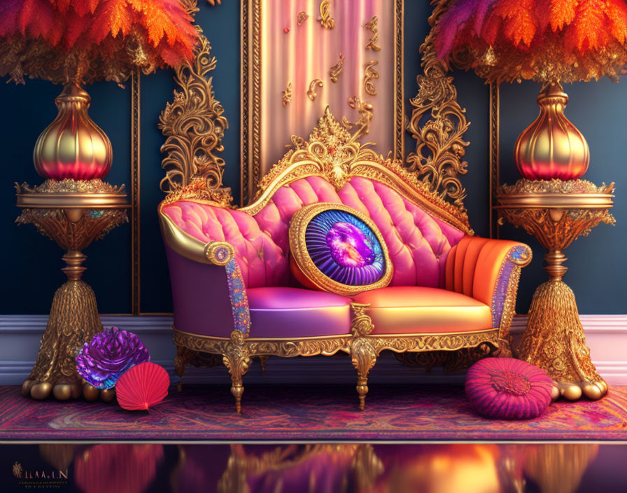 Victorian sofa with gold detailing and purple upholstery, orange feathers, lamps, blue wall