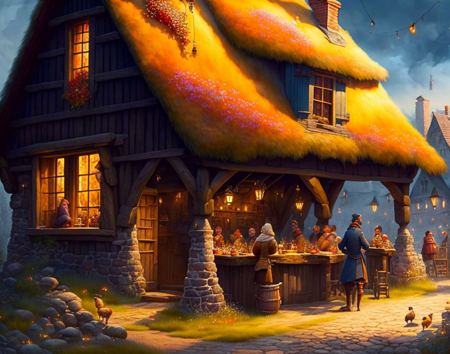 Charming evening scene at cozy cottage with thatched roof and glowing lanterns