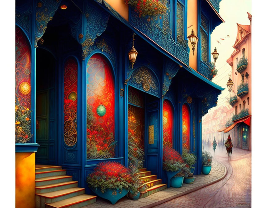 Colorful illustration of ornate blue-walled alley with red doors and floral arrangements