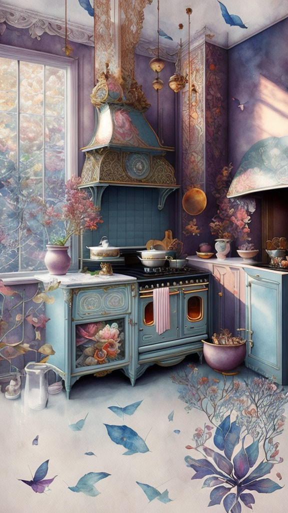 Vintage Blue Stove and Botanical Bird Motifs in Whimsical Kitchen