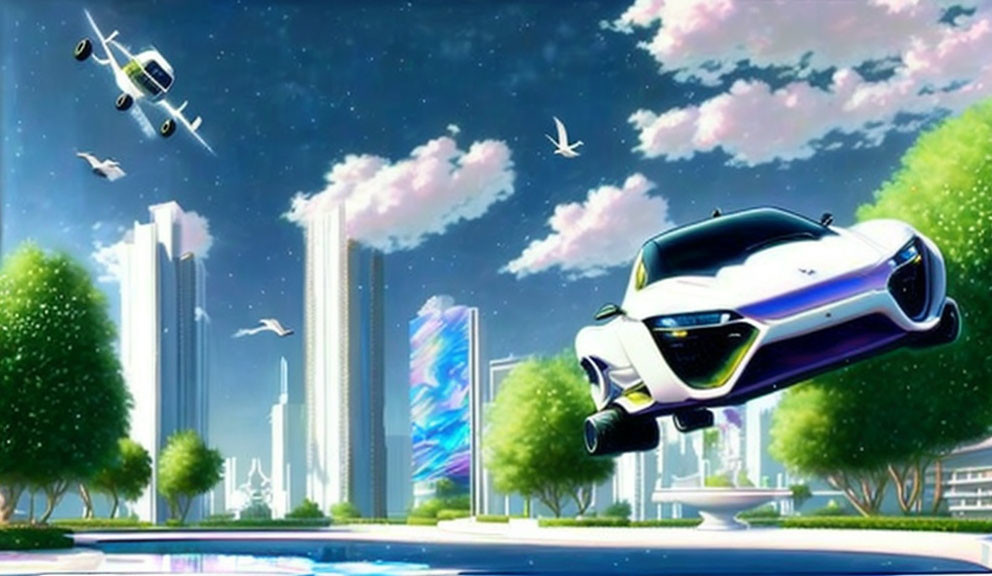 Futuristic cityscape with flying cars, skyscrapers, greenery, and birds