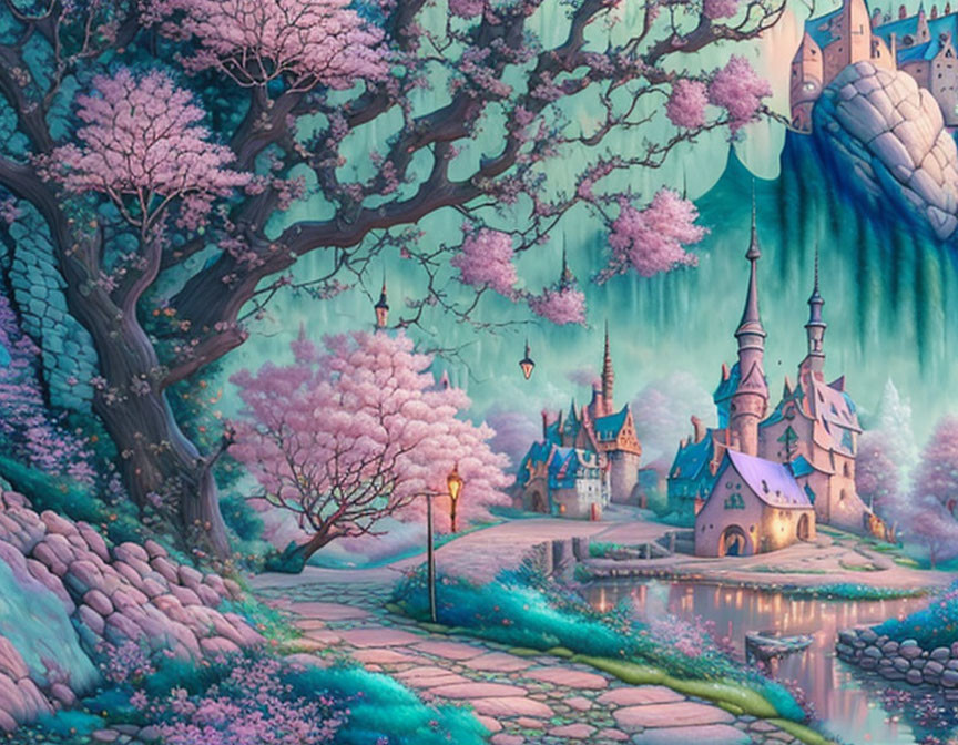 Whimsical pink tree-lined path to fantasy castle in lush green landscape