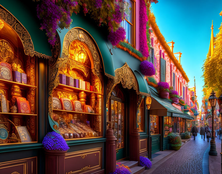 Ornate shop fronts with gold trim and purple flowers on vibrant street