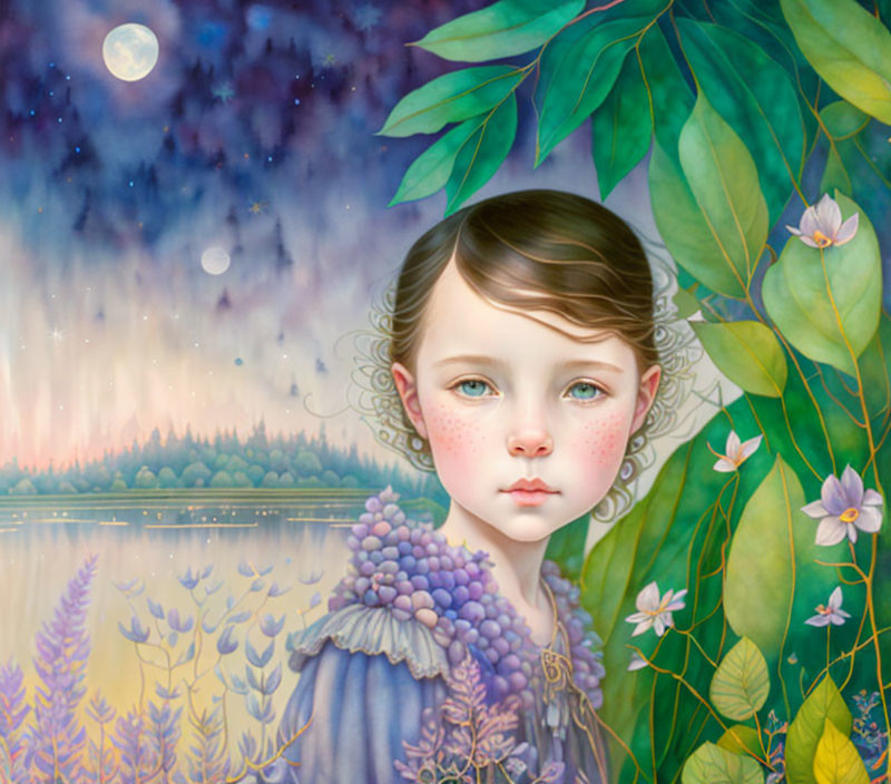 Stylized portrait of young child with freckles in vibrant foliage and twilight sky.