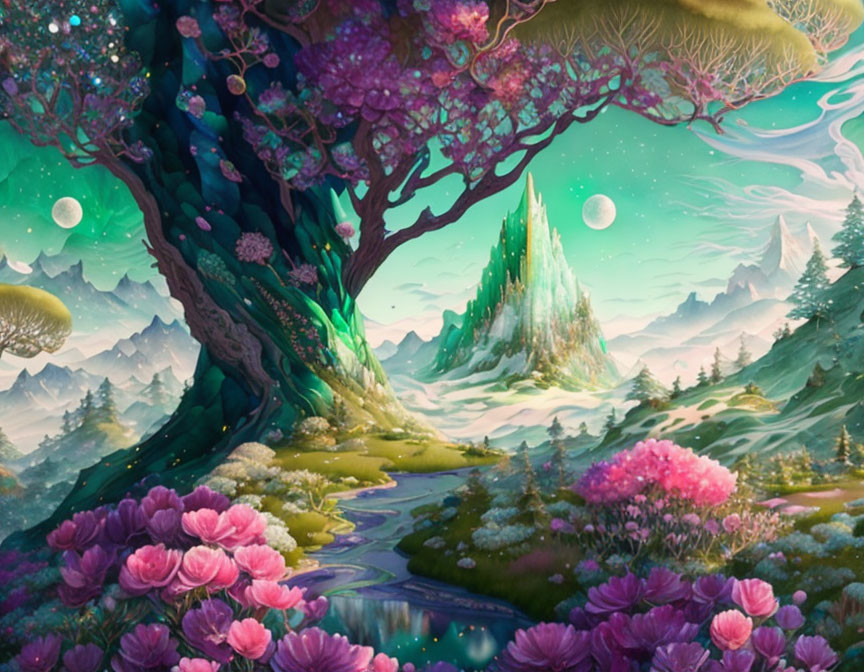 Vibrant pink and green fantastical landscape with tree, flowers, mountains, and planets