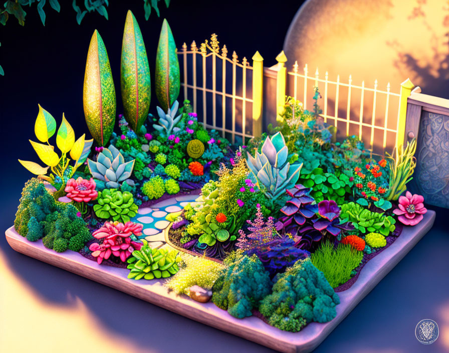 Colorful miniature garden with plants, pebble path, white fence, and full moon.