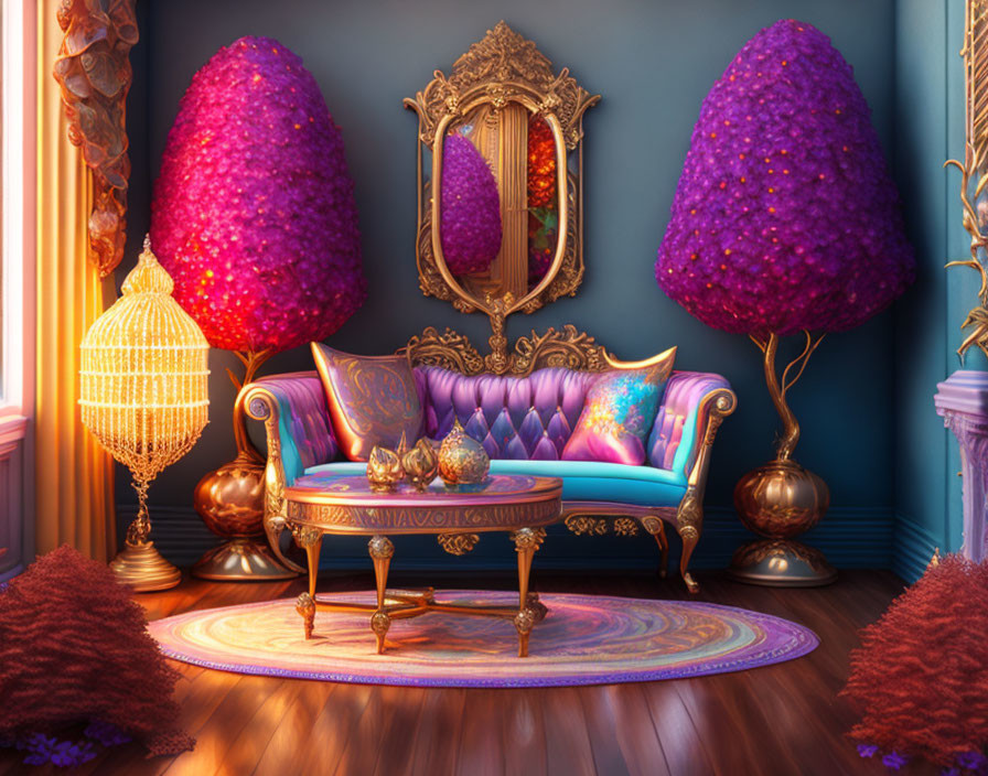 Luxurious Purple and Gold Furniture with Colorful Decor in Vibrant Room