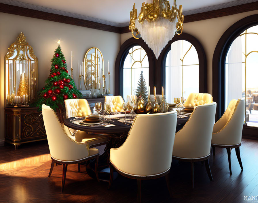 Festive Christmas dining room with tree, table, chandelier, and windows