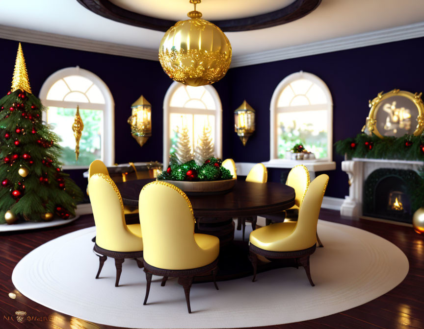 Festive dining room with Christmas tree, gold chairs, round table & wreath-adorned