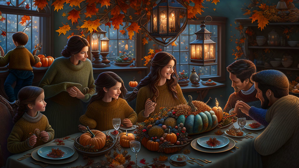 Family gathering in cozy room with autumn decorations & soft evening lights