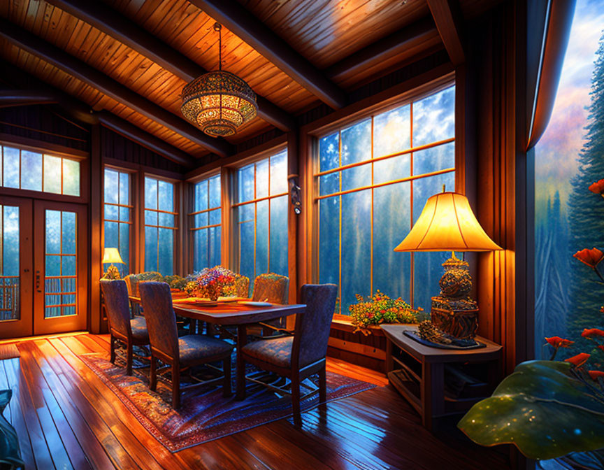 Warmly lit wooden cabin with flowers, rich wood tones, and forest view