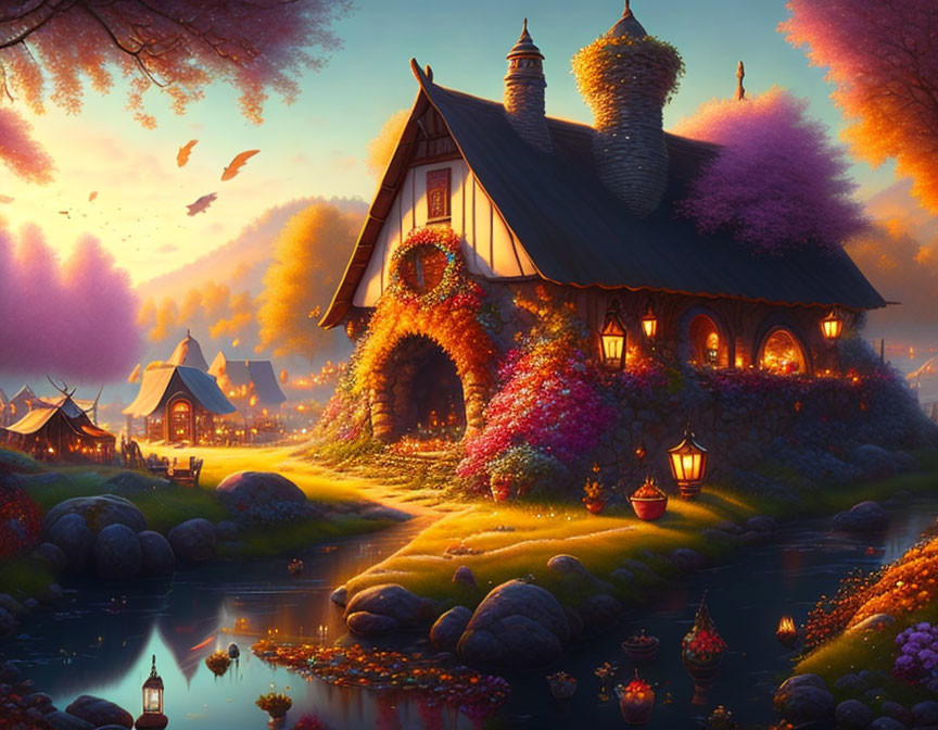 Thatched roof cottage by river at dusk with glowing lanterns