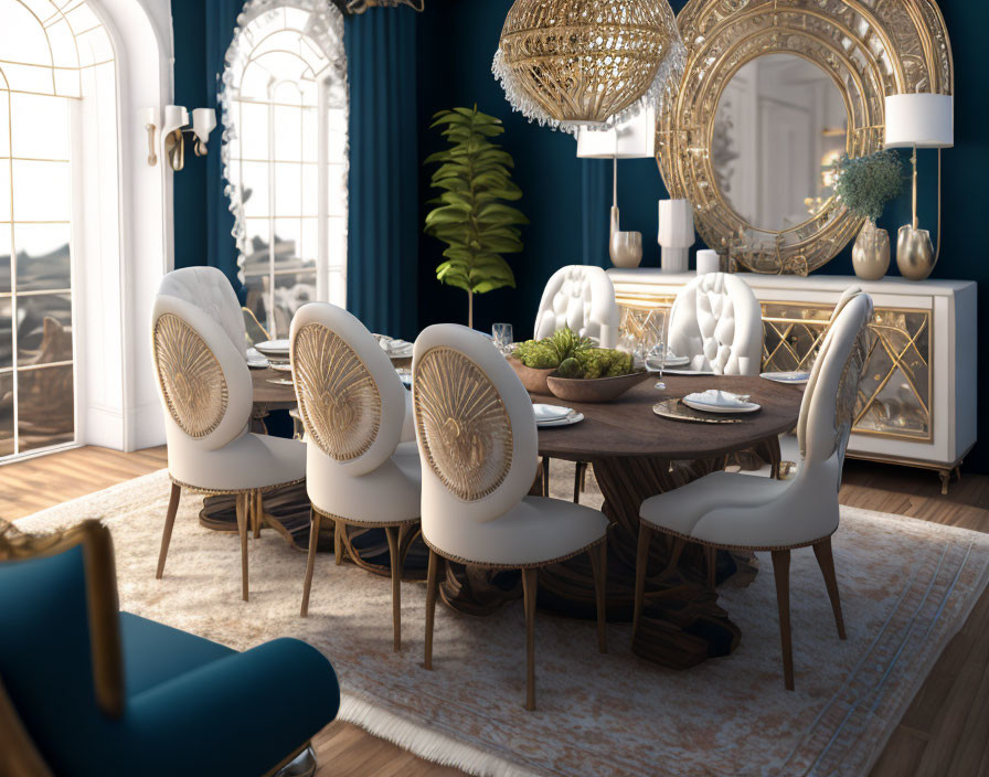 Sophisticated dining room with wooden table, white chairs, crystal chandeliers, blue walls,