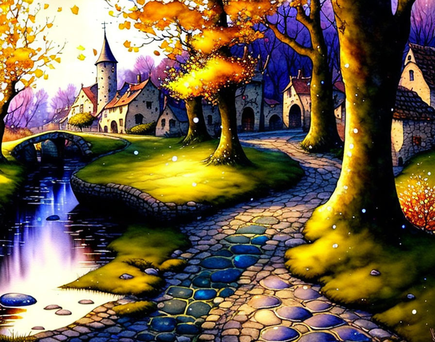 Illustration of cobblestone path through autumnal forest to village with cottages and castle under star