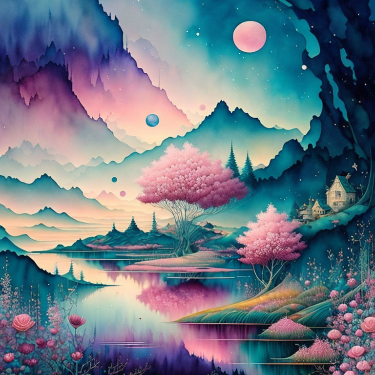 Colorful landscape with pink trees, house by lake, mountains, and multiple moons in starry sky