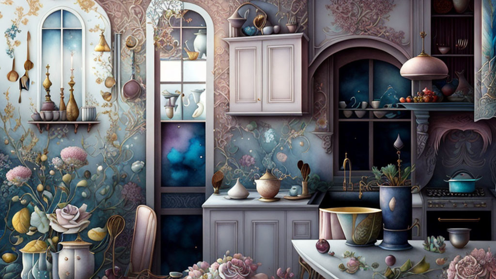 Vintage furniture, ornate patterns, ceramics, plants, kitchenware in blue and pink hues