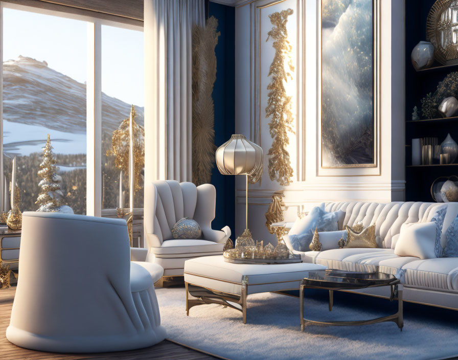 Winter-themed living room with white furniture, golden decor, round table, snowy mountain view.