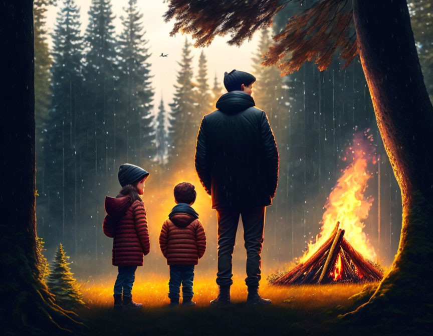 Adult and children in forest watching rain, bird, and campfire