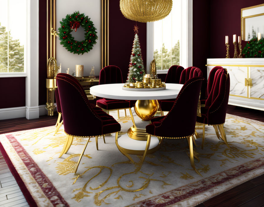 Christmas-themed dining room with white and gold table, red velvet chairs, tree, and window wreath