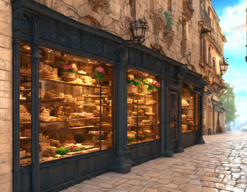 Charming bakery with blue facade showcases bread and pastries on sunny cobblestone street