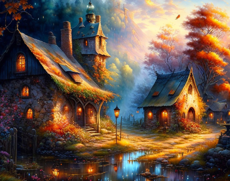 Twilight village scene with cozy cottages, autumn foliage, streetlamp, stream, and birds