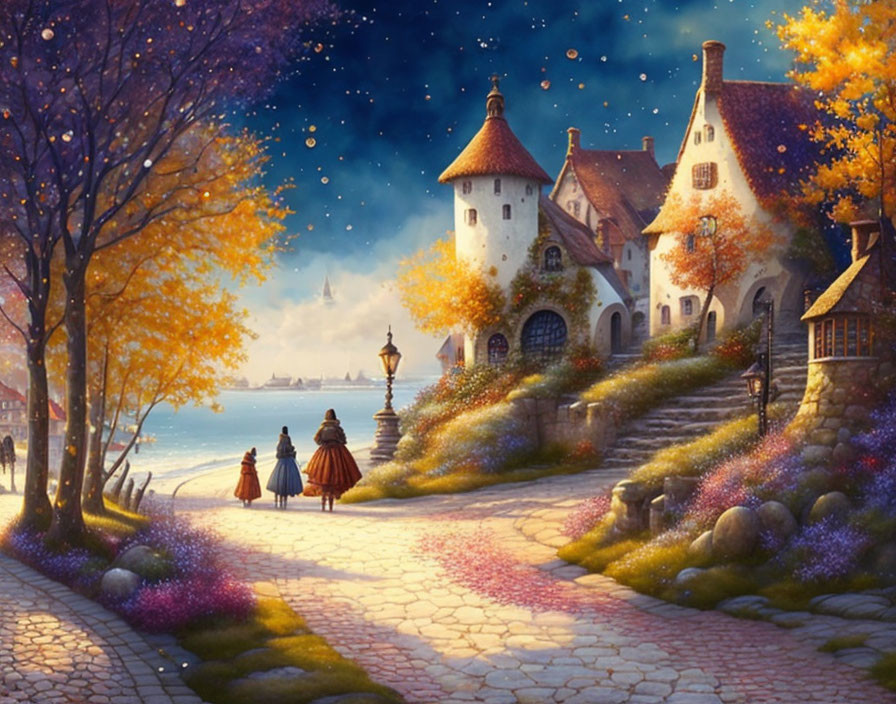 Scenic village with cobblestone paths, charming houses, autumn trees, figures walking, serene evening