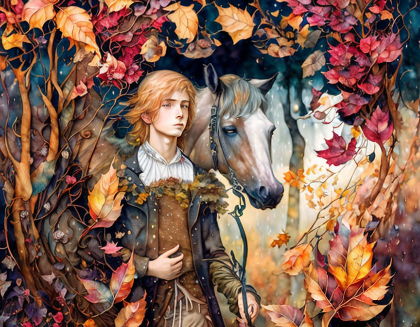 Young person with flowing hair next to white horse in autumn setting