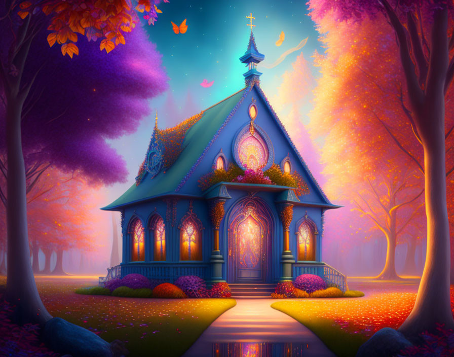 Enchanting chapel in mystical autumn forest with vibrant trees