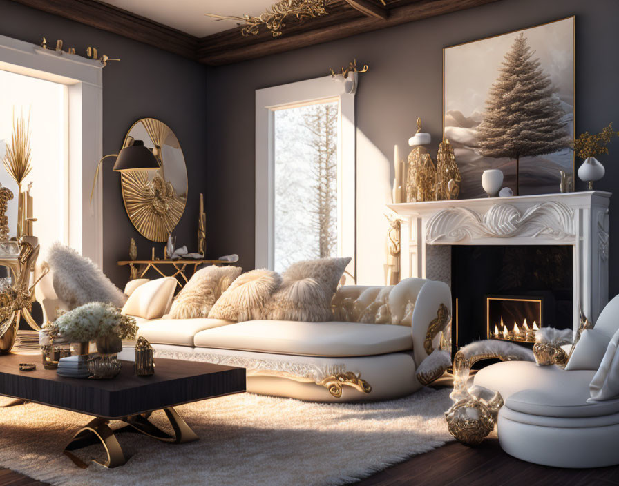 Elegant living room with gold accents, white sofa, ornate decor, fireplace, and winter-themed