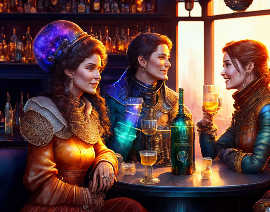 Three women in futuristic clothing toasting in a space-themed bar