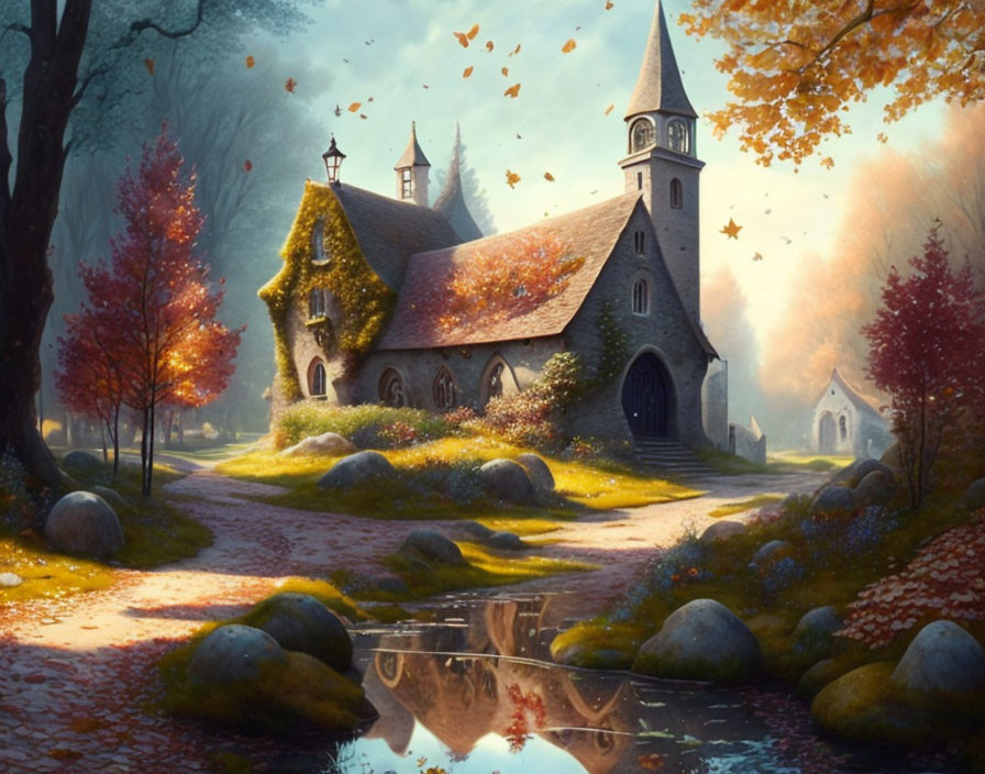 Autumnal church scene with red and orange trees, pond reflection, and path