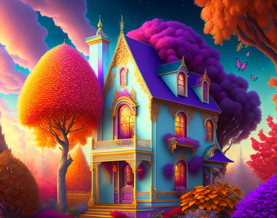 Colorful fantasy house in vibrant blue surrounded by trees under a purple sky.