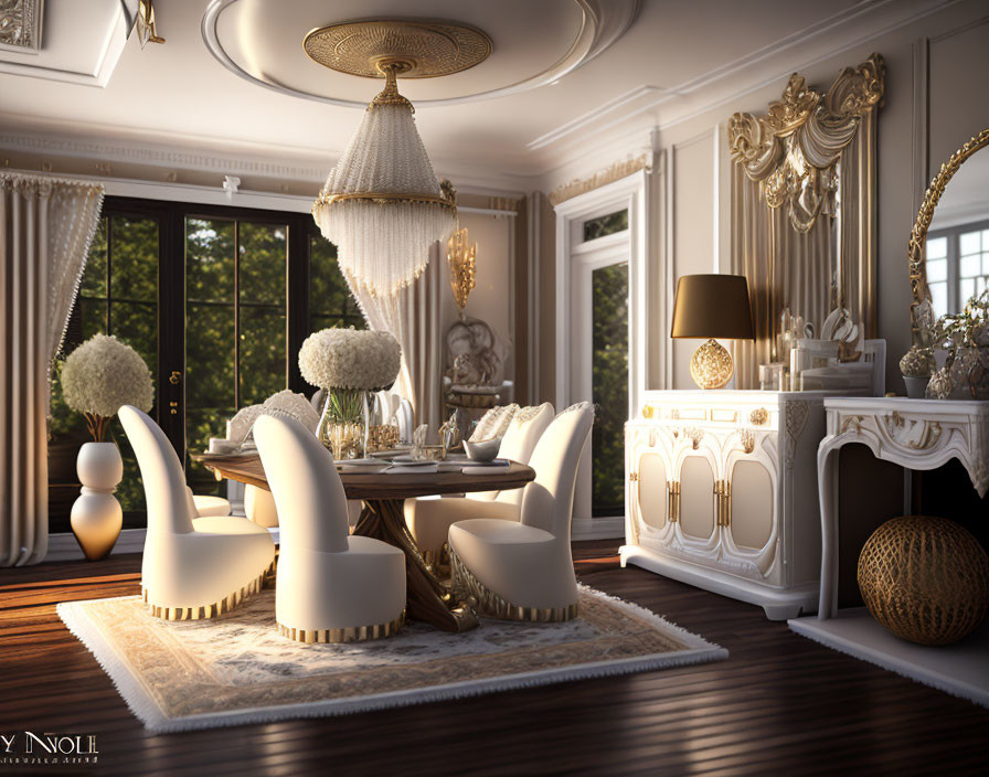 Classic Wooden Table, White Chairs, Gold Cabinet & Crystal Chandelier in Elegant Dining Room