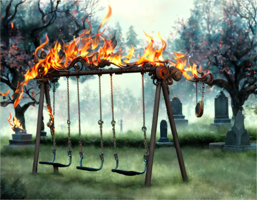 Burning swing set in graveyard with tombstones and misty trees