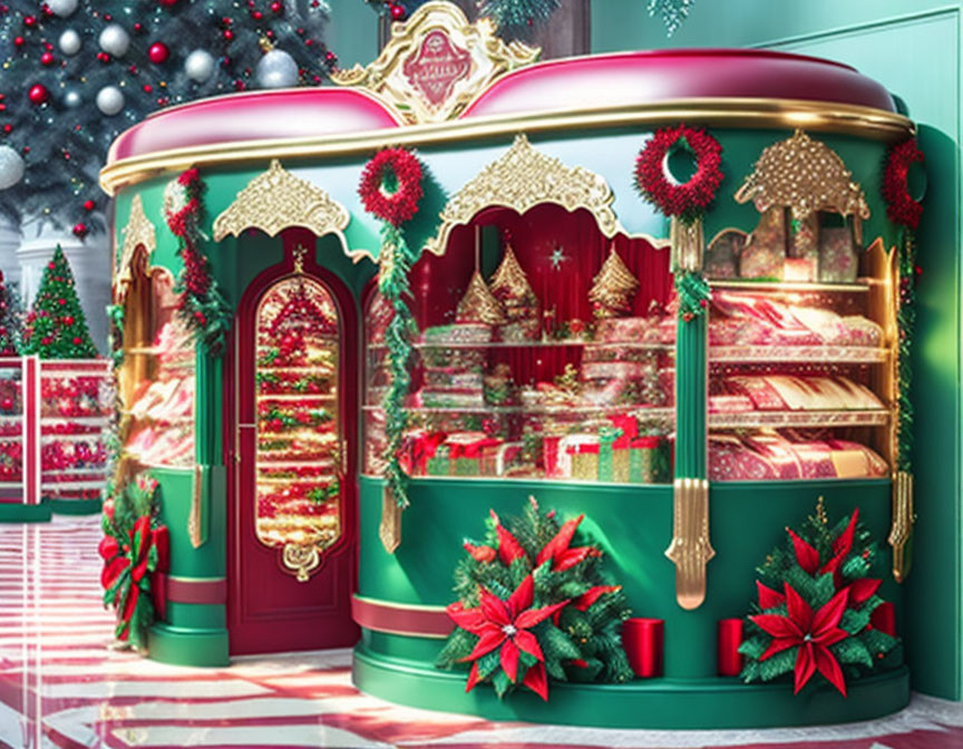 Christmas-themed carousel kiosk with gifts and decorations surrounded by trees and lights