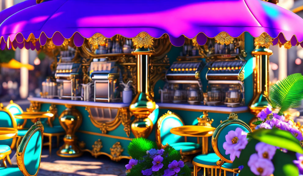 Colorful carousel with golden accents and blue details in a lush fantasy setting