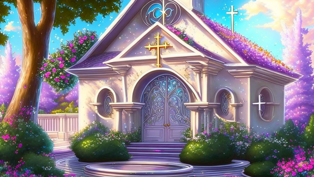 Whimsical church with purple flowers under soft purple sky