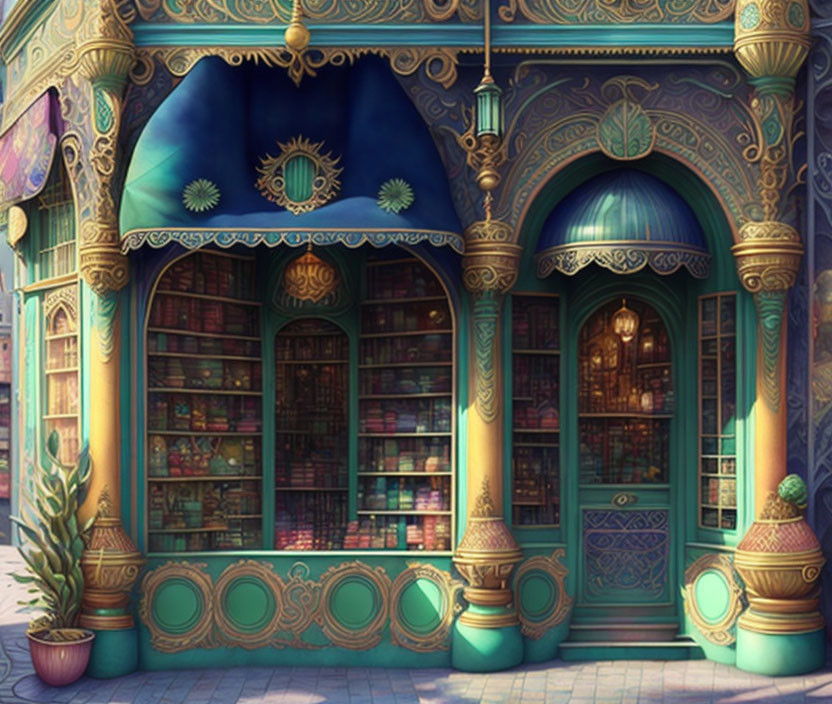 Ornate Eastern-inspired bookstore with blue awning & colorful books